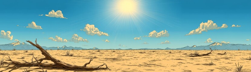 The idea of deforestation and forest devastation: a parched landscape in a deserted forest with cut-down trees. A dead nature scene with dry trunks and stumps, illustrated in a modern, flat style