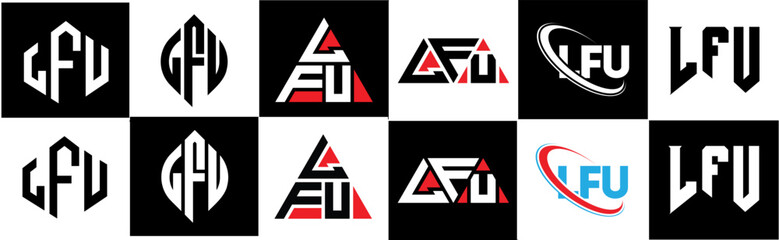 LFU letter logo design in six style. LFU polygon, circle, triangle, hexagon, flat and simple style with black and white color variation letter logo set in one artboard. LFU minimalist and classic logo