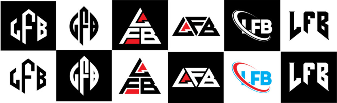 LFB letter logo design in six style. LFB polygon, circle, triangle, hexagon, flat and simple style with black and white color variation letter logo set in one artboard. LFB minimalist and classic logo