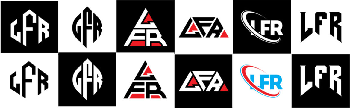 LFR letter logo design in six style. LFR polygon, circle, triangle, hexagon, flat and simple style with black and white color variation letter logo set in one artboard. LFR minimalist and classic logo