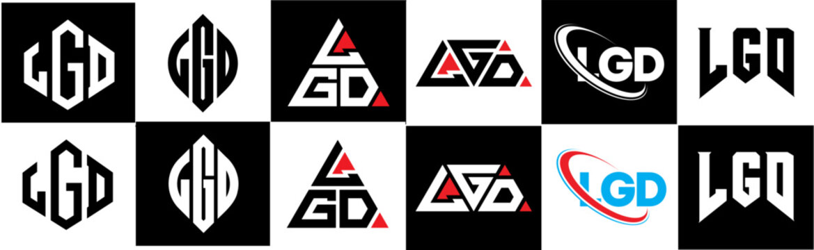 LGD letter logo design in six style. LGD polygon, circle, triangle, hexagon, flat and simple style with black and white color variation letter logo set in one artboard. LGD minimalist and classic logo
