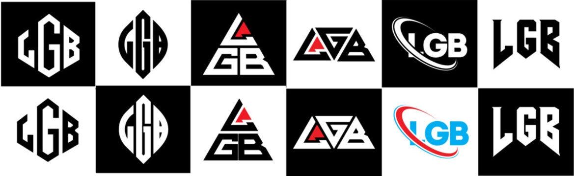 LGB letter logo design in six style. LGB polygon, circle, triangle, hexagon, flat and simple style with black and white color variation letter logo set in one artboard. LGB minimalist and classic logo