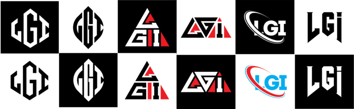 LGI letter logo design in six style. LGI polygon, circle, triangle, hexagon, flat and simple style with black and white color variation letter logo set in one artboard. LGI minimalist and classic logo