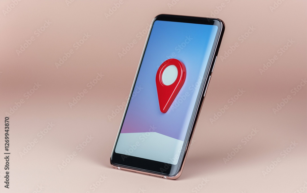 Poster smartphone with location pin on screen displaying smartphone technology. red location pin on smartph