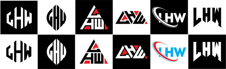 LHW letter logo design in six style. LHW polygon, circle, triangle, hexagon, flat and simple style with black and white color variation letter logo set in one artboard. LHW minimalist and classic logo