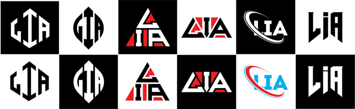LIA letter logo design in six style. LIA polygon, circle, triangle, hexagon, flat and simple style with black and white color variation letter logo set in one artboard. LIA minimalist and classic logo