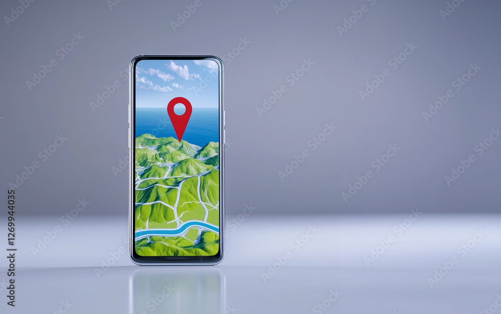 Poster smartphone displaying a map with a red location pin on the screen. the map on the smartphone shows a