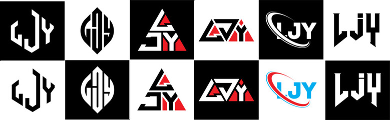 LJY letter logo design in six style. LJY polygon, circle, triangle, hexagon, flat and simple style with black and white color variation letter logo set in one artboard. LJY minimalist and classic logo