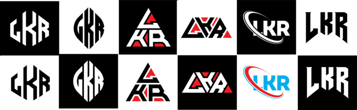LKR letter logo design in six style. LKR polygon, circle, triangle, hexagon, flat and simple style with black and white color variation letter logo set in one artboard. LKR minimalist and classic logo