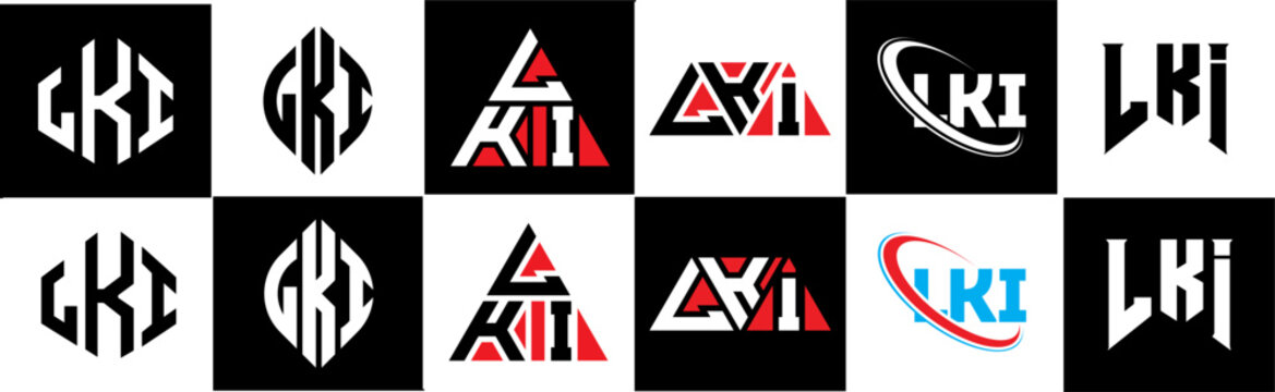 LKI letter logo design in six style. LKI polygon, circle, triangle, hexagon, flat and simple style with black and white color variation letter logo set in one artboard. LKI minimalist and classic logo