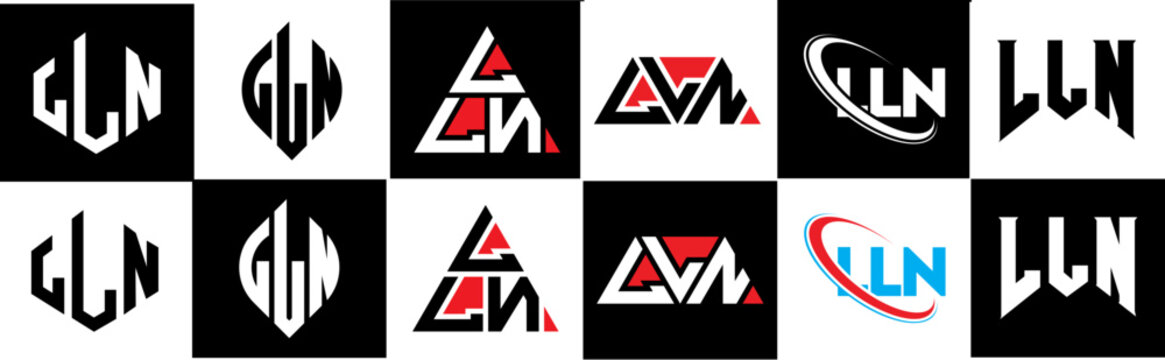 LLN letter logo design in six style. LLN polygon, circle, triangle, hexagon, flat and simple style with black and white color variation letter logo set in one artboard. LLN minimalist and classic logo
