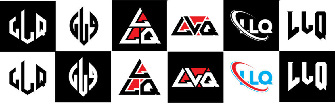 LLQ letter logo design in six style. LLQ polygon, circle, triangle, hexagon, flat and simple style with black and white color variation letter logo set in one artboard. LLQ minimalist and classic logo