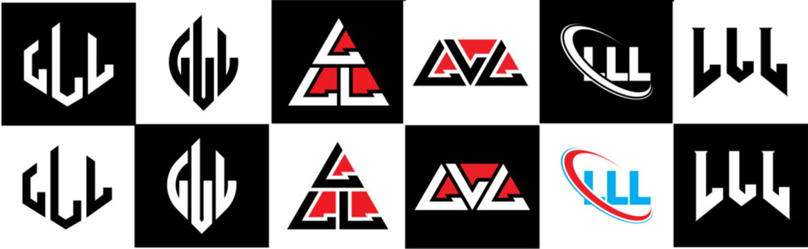LLL letter logo design in six style. LLL polygon, circle, triangle, hexagon, flat and simple style with black and white color variation letter logo set in one artboard. LLL minimalist and classic logo