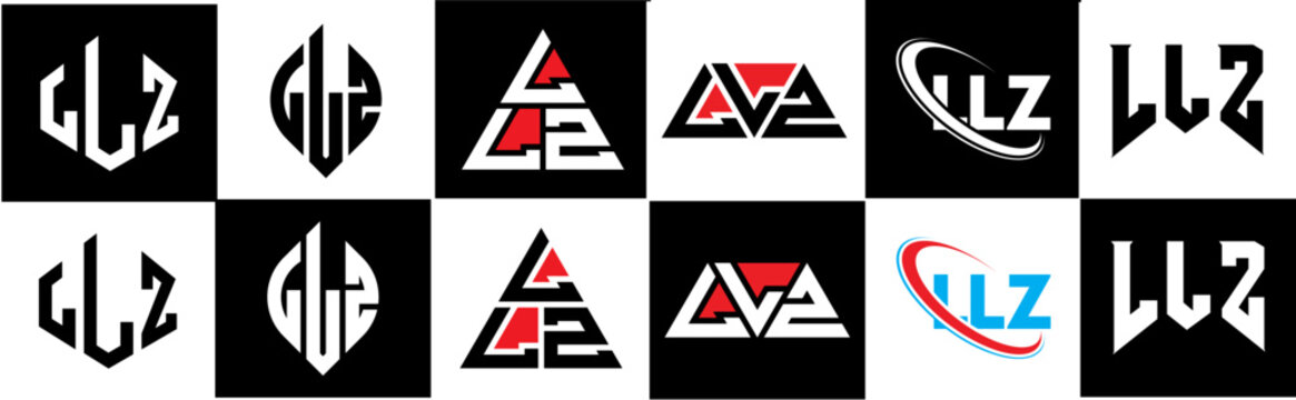 LLZ letter logo design in six style. LLZ polygon, circle, triangle, hexagon, flat and simple style with black and white color variation letter logo set in one artboard. LLZ minimalist and classic logo