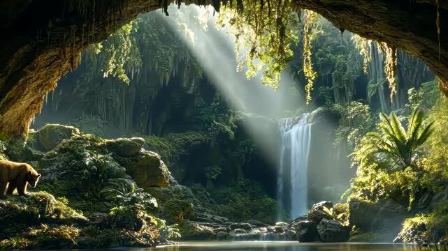Bear exploring lush jungle cave with waterfall and sunbeams