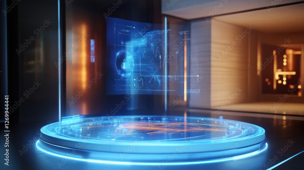 Poster futuristic technology display with holographic interface and data visualization