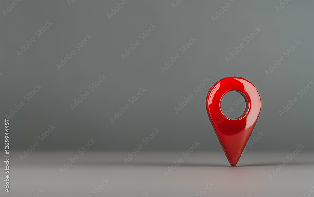 Poster red map pin on gray background. shiny red map pin stands on a gray surface