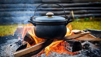old vintage black pot on firewood burning kettle on fire