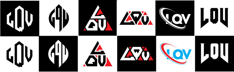 LQV letter logo design in six style. LQV polygon, circle, triangle, hexagon, flat and simple style with black and white color variation letter logo set in one artboard. LQV minimalist and classic logo