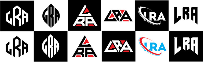 LRA letter logo design in six style. LRA polygon, circle, triangle, hexagon, flat and simple style with black and white color variation letter logo set in one artboard. LRA minimalist and classic logo