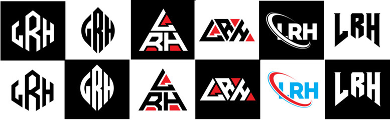 LRH letter logo design in six style. LRH polygon, circle, triangle, hexagon, flat and simple style with black and white color variation letter logo set in one artboard. LRH minimalist and classic logo