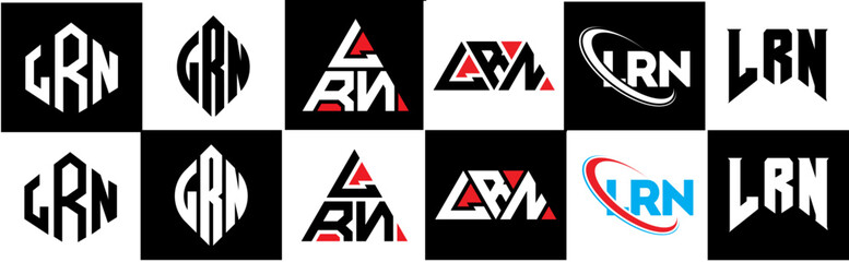 LRN letter logo design in six style. LRN polygon, circle, triangle, hexagon, flat and simple style with black and white color variation letter logo set in one artboard. LRN minimalist and classic logo