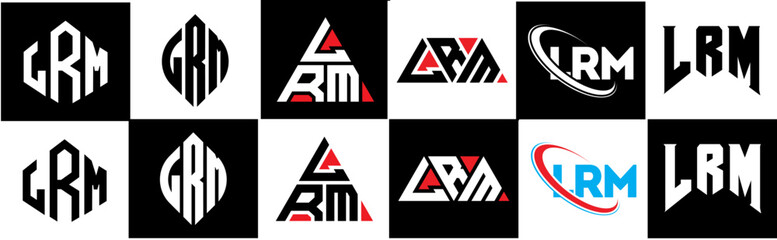 LRM letter logo design in six style. LRM polygon, circle, triangle, hexagon, flat and simple style with black and white color variation letter logo set in one artboard. LRM minimalist and classic logo