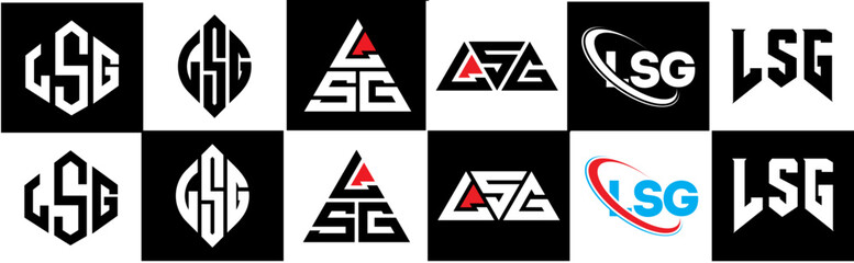 LSG letter logo design in six style. LSG polygon, circle, triangle, hexagon, flat and simple style with black and white color variation letter logo set in one artboard. LSG minimalist and classic logo
