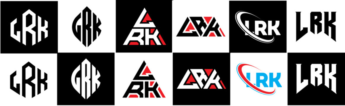 LRK letter logo design in six style. LRK polygon, circle, triangle, hexagon, flat and simple style with black and white color variation letter logo set in one artboard. LRK minimalist and classic logo