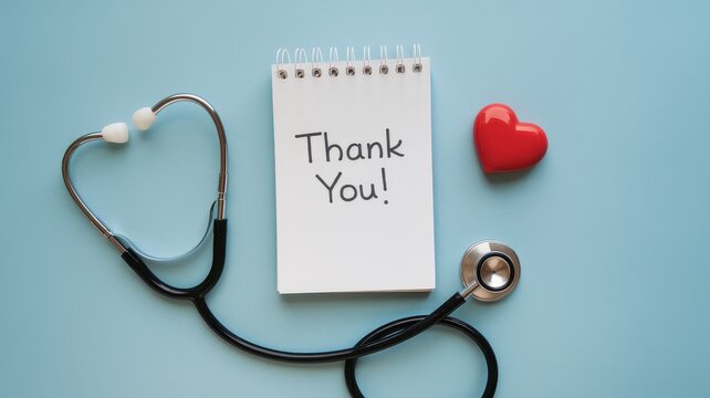 Medical thank you note with stethoscope and heart symbol