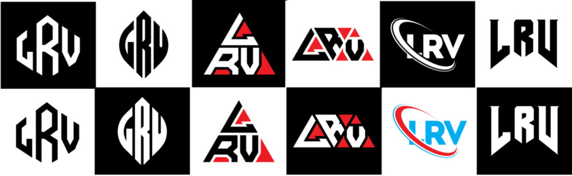 LRV letter logo design in six style. LRV polygon, circle, triangle, hexagon, flat and simple style with black and white color variation letter logo set in one artboard. LRV minimalist and classic logo