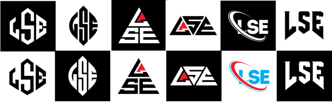 LSE letter logo design in six style. LSE polygon, circle, triangle, hexagon, flat and simple style with black and white color variation letter logo set in one artboard. LSE minimalist and classic logo
