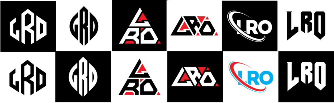 LRO letter logo design in six style. LRO polygon, circle, triangle, hexagon, flat and simple style with black and white color variation letter logo set in one artboard. LRO minimalist and classic logo