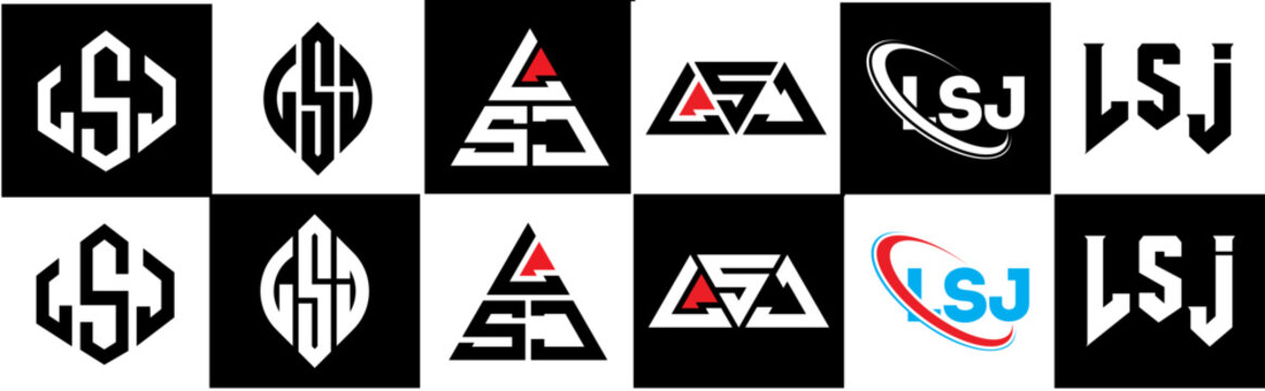 LSJ letter logo design in six style. LSJ polygon, circle, triangle, hexagon, flat and simple style with black and white color variation letter logo set in one artboard. LSJ minimalist and classic logo