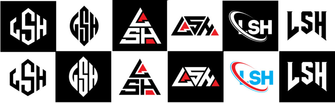 LSH letter logo design in six style. LSH polygon, circle, triangle, hexagon, flat and simple style with black and white color variation letter logo set in one artboard. LSH minimalist and classic logo