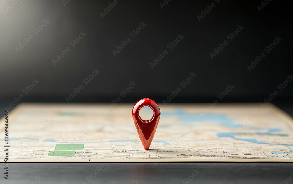 Poster map pin on a detailed topographic map. red map pin indicates a location on a detailed map