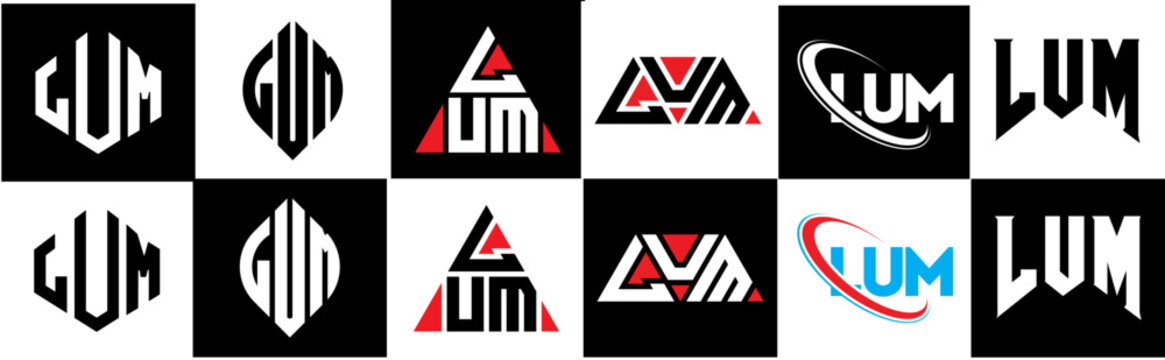 LUM letter logo design in six style. LUM polygon, circle, triangle, hexagon, flat and simple style with black and white color variation letter logo set in one artboard. LUM minimalist and classic logo