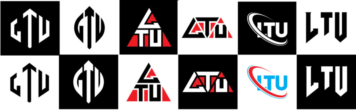 LTU letter logo design in six style. LTU polygon, circle, triangle, hexagon, flat and simple style with black and white color variation letter logo set in one artboard. LTU minimalist and classic logo