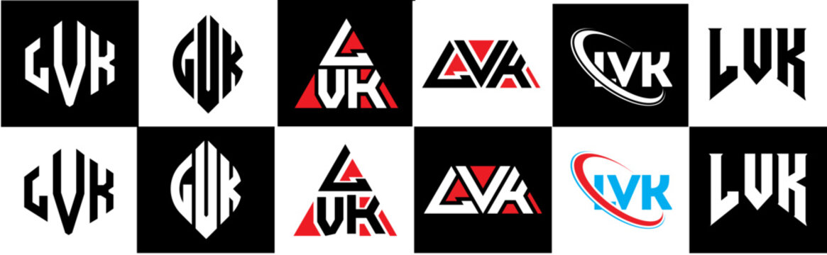 LVK letter logo design in six style. LVK polygon, circle, triangle, hexagon, flat and simple style with black and white color variation letter logo set in one artboard. LVK minimalist and classic logo