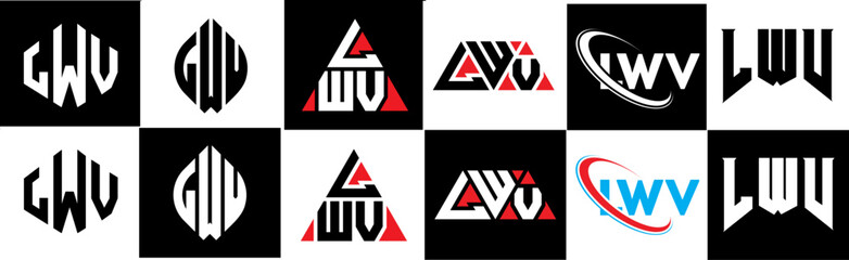 LWV letter logo design in six style. LWV polygon, circle, triangle, hexagon, flat and simple style with black and white color variation letter logo set in one artboard. LWV minimalist and classic logo