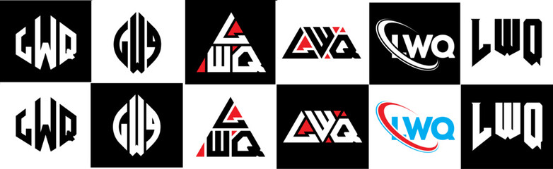 LWQ letter logo design in six style. LWQ polygon, circle, triangle, hexagon, flat and simple style with black and white color variation letter logo set in one artboard. LWQ minimalist and classic logo
