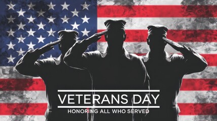 Three silhouetted soldiers saluting the american flag on veterans day
