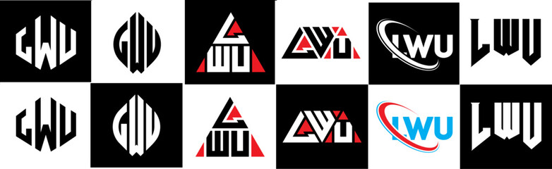 LWU letter logo design in six style. LWU polygon, circle, triangle, hexagon, flat and simple style with black and white color variation letter logo set in one artboard. LWU minimalist and classic logo