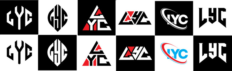 LYC letter logo design in six style. LYC polygon, circle, triangle, hexagon, flat and simple style with black and white color variation letter logo set in one artboard. LYC minimalist and classic logo
