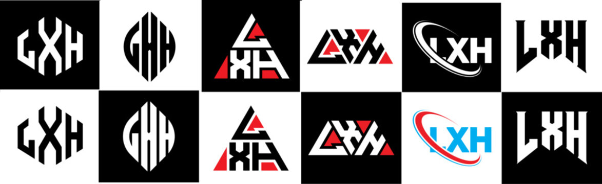 LXH letter logo design in six style. LXH polygon, circle, triangle, hexagon, flat and simple style with black and white color variation letter logo set in one artboard. LXH minimalist and classic logo