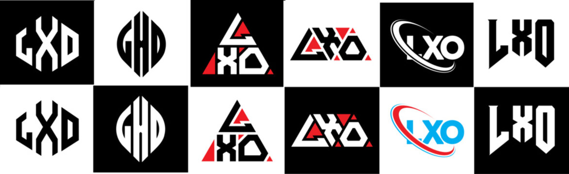 LXO letter logo design in six style. LXO polygon, circle, triangle, hexagon, flat and simple style with black and white color variation letter logo set in one artboard. LXO minimalist and classic logo