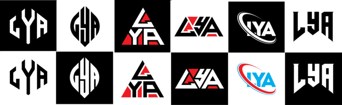 LYA letter logo design in six style. LYA polygon, circle, triangle, hexagon, flat and simple style with black and white color variation letter logo set in one artboard. LYA minimalist and classic logo