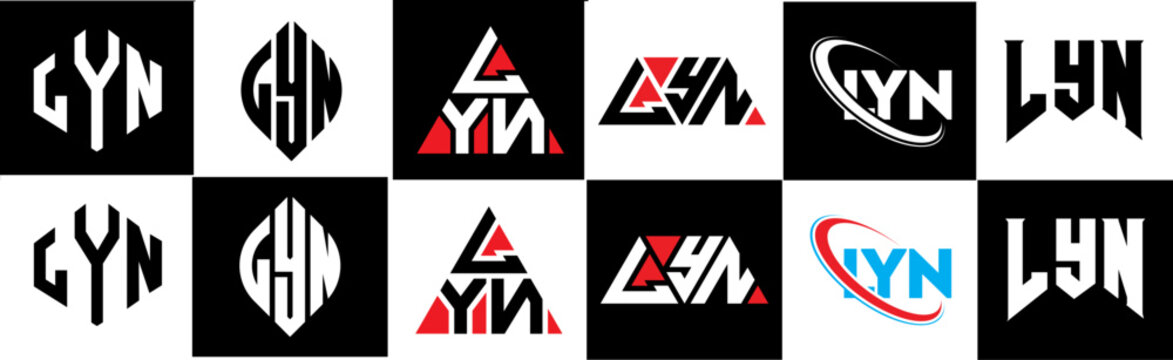 LYN letter logo design in six style. LYN polygon, circle, triangle, hexagon, flat and simple style with black and white color variation letter logo set in one artboard. LYN minimalist and classic logo