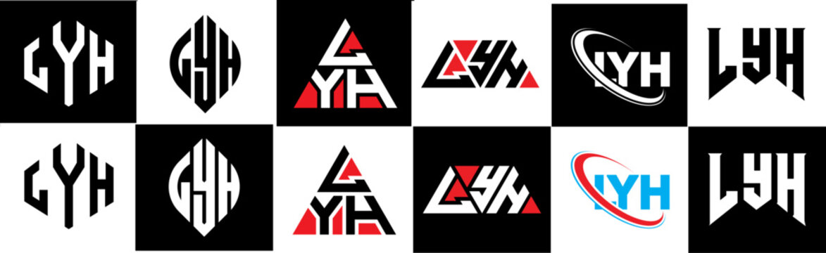 LYH letter logo design in six style. LYH polygon, circle, triangle, hexagon, flat and simple style with black and white color variation letter logo set in one artboard. LYH minimalist and classic logo