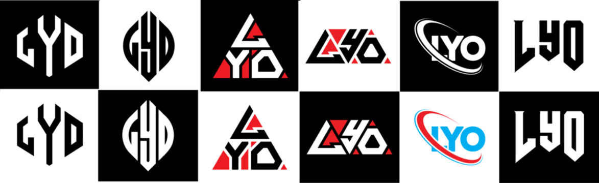 LYO letter logo design in six style. LYO polygon, circle, triangle, hexagon, flat and simple style with black and white color variation letter logo set in one artboard. LYO minimalist and classic logo
